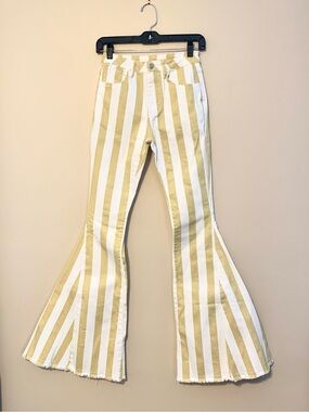 Judith March women’s yellow/ linen white striped flare bell bottom pants 
Size S